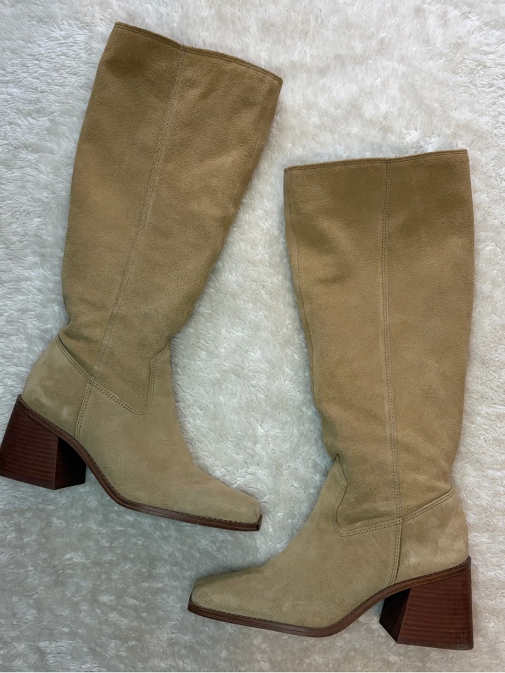 Franco Sarto Sangeti suede cream beige wood block heel knee high tall boots